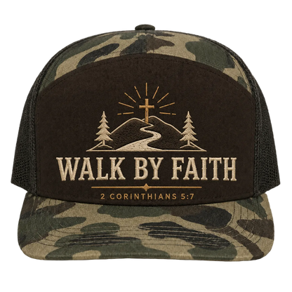 Walk by Faith Mountain Path Camo Trucker Hat – 2 Corinthians 5:7 Christian Outdoor Cap