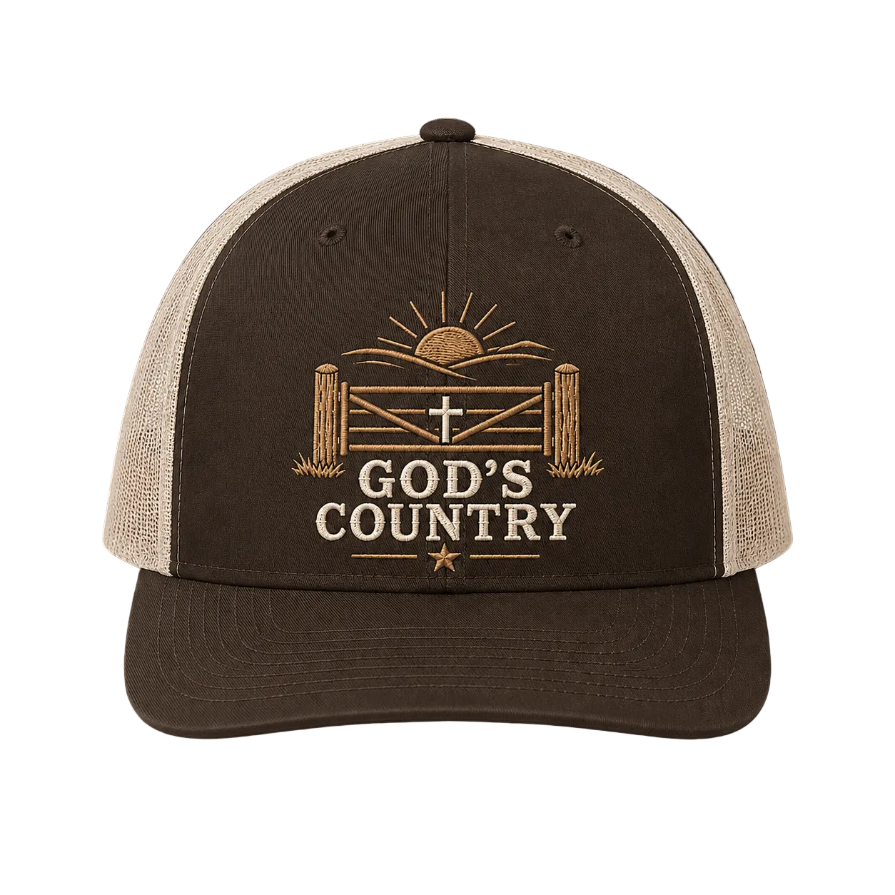 God’s Country Sunrise Gate Embroidered Trucker Hat