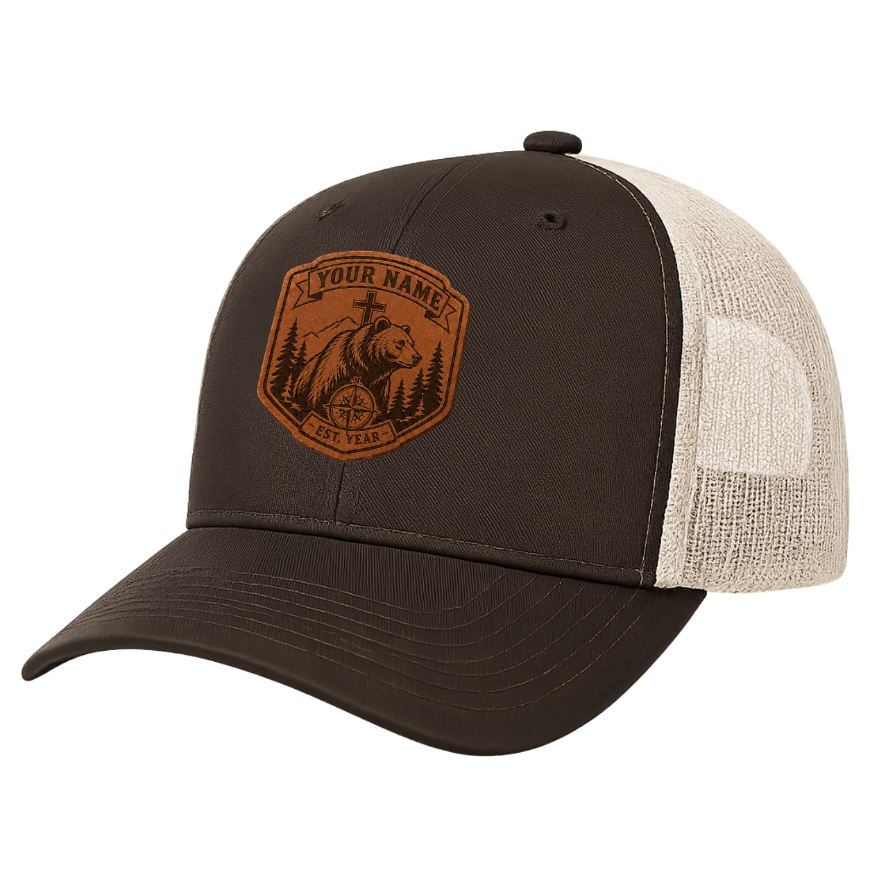 Personalized Christian Bear Leather Patch Trucker Hat