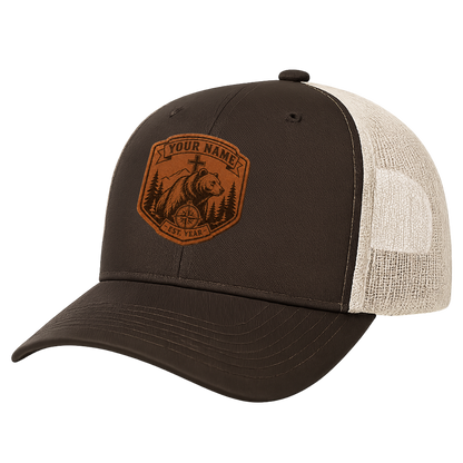 Personalized Christian Bear Leather Patch Trucker Hat