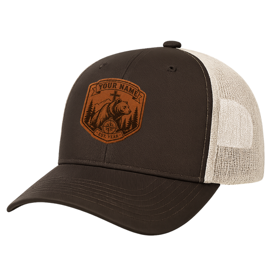 Personalized Christian Bear Leather Patch Trucker Hat