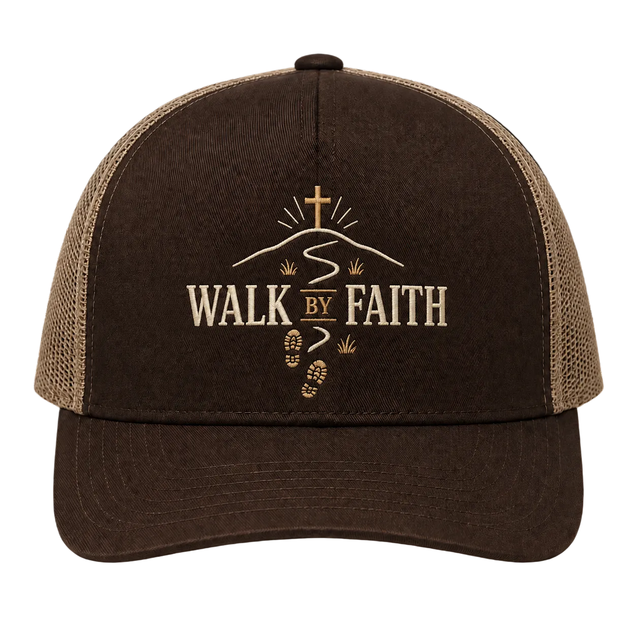 Walk by Faith Trail Trucker Hat – 2 Corinthians 5:7 Christian Outdoor Cap