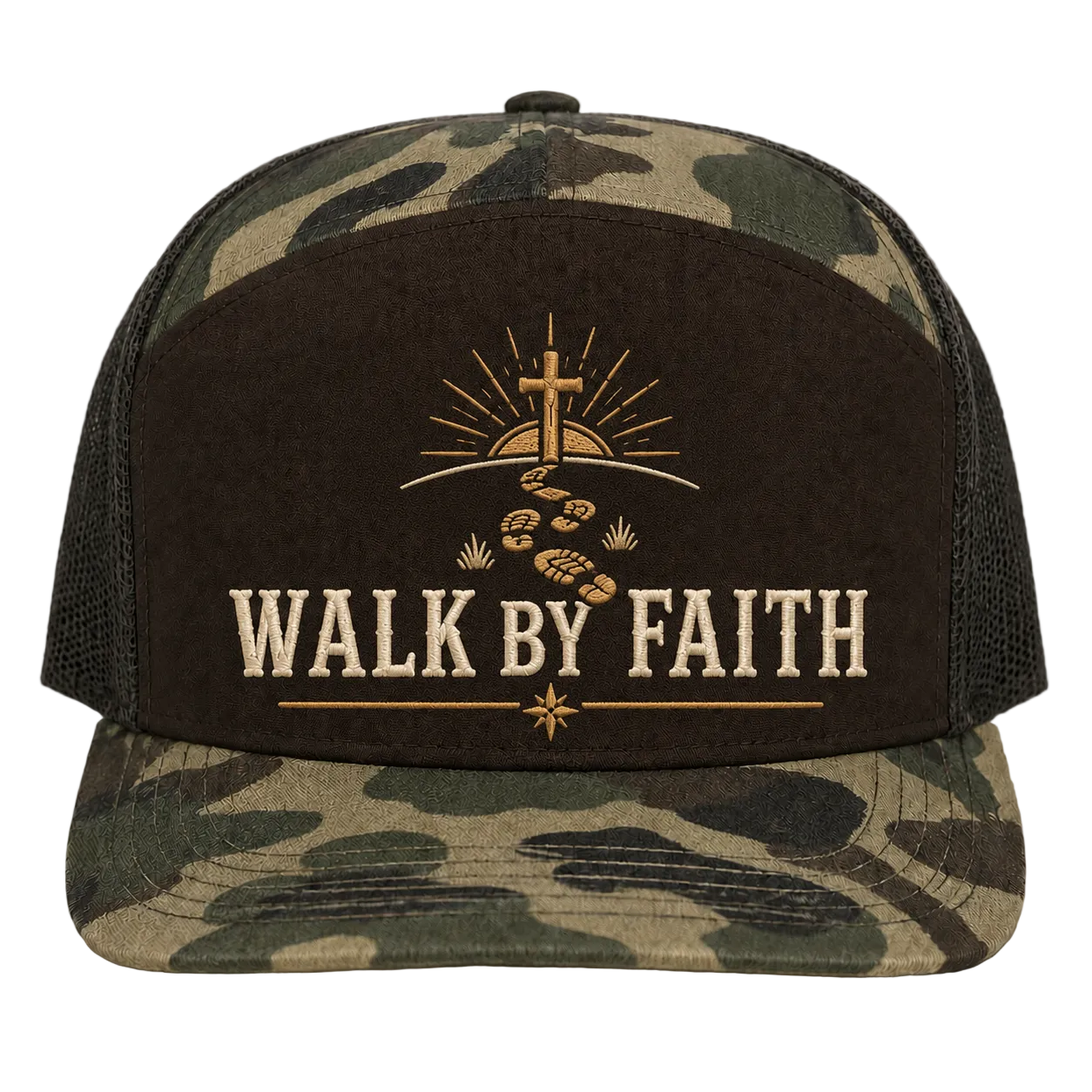 Walk by Faith Footsteps Camo Trucker Hat – Christian Outdoor Cap