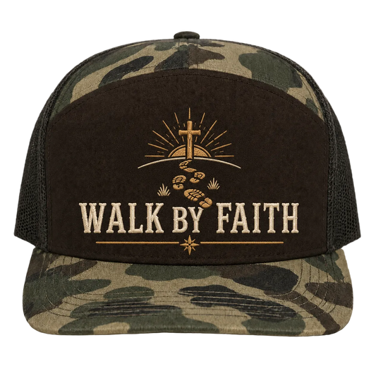 Walk by Faith Footsteps Camo Trucker Hat – Christian Outdoor Cap