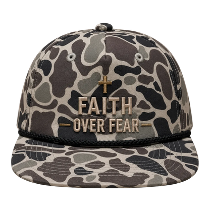 Faith Over Fear Camo Rope Snapback Hat – Christian Embroidered Outdoor Cap