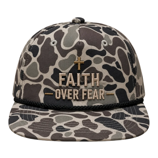 Faith Over Fear Camo Rope Snapback Hat – Christian Embroidered Outdoor Cap