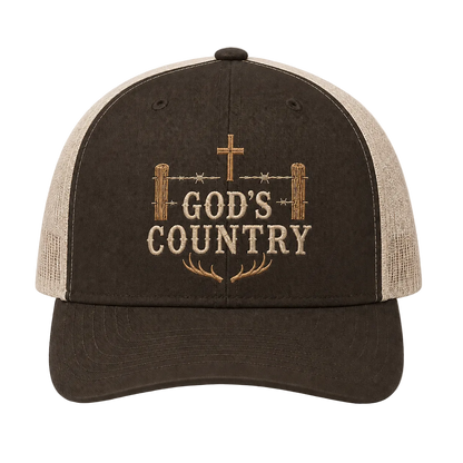 God’s Country Cross Fence & Antler Embroidered Trucker Hat
