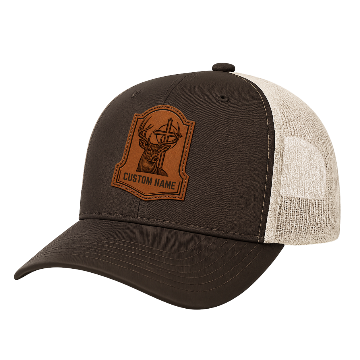 Personalized Christian Buck Leather Patch Trucker Hat
