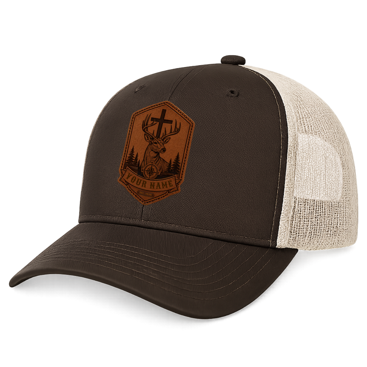 Personalized Christian Deer Compass Leather Patch Trucker Hat