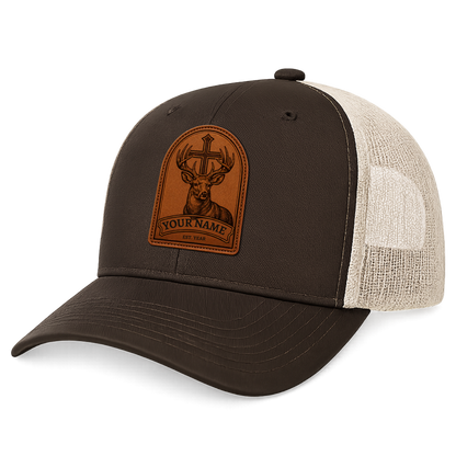 Personalized Christian Whitetail Deer Leather Patch Trucker Hat