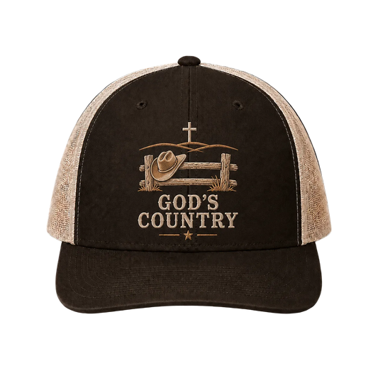 God’s Country Cowboy Hat & Cross Embroidered Trucker Hat