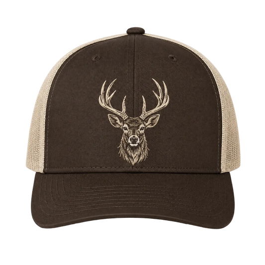 Whitetail Deer Embroidered Trucker Hat – Brown Hunting Cap