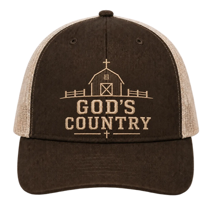 God’s Country Sunrise Cross Embroidered Trucker Hat