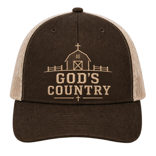 God’s Country Sunrise Cross Embroidered Trucker Hat