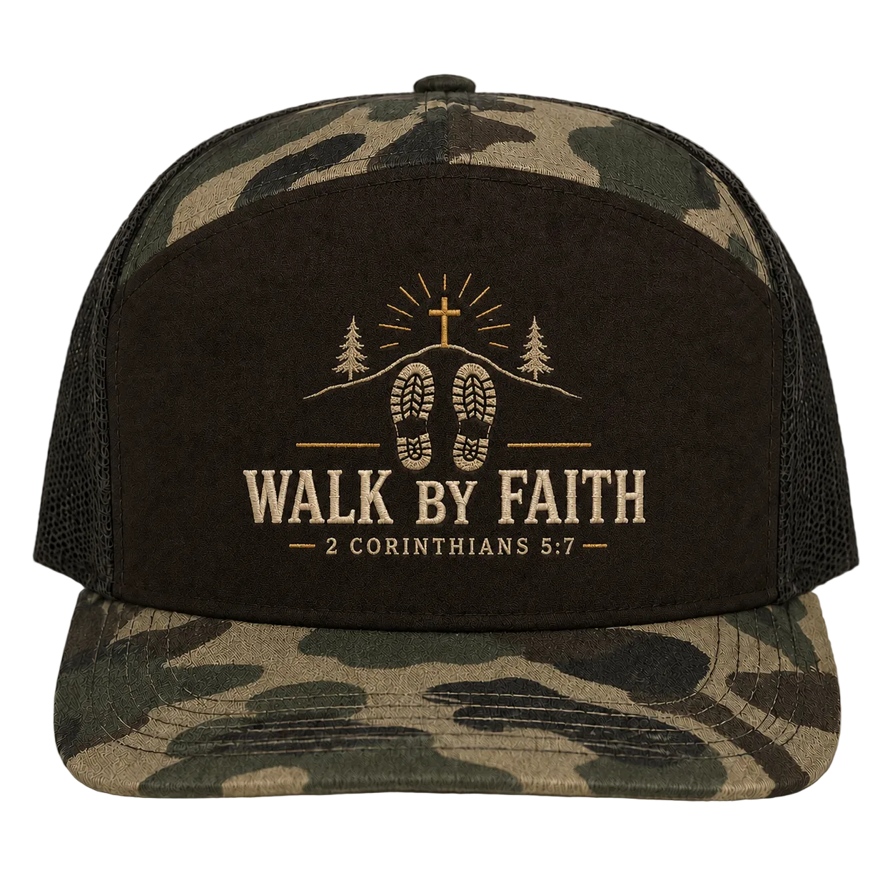 Walk by Faith Footsteps Camo Trucker Hat – 2 Corinthians 5:7 Christian Outdoor Cap