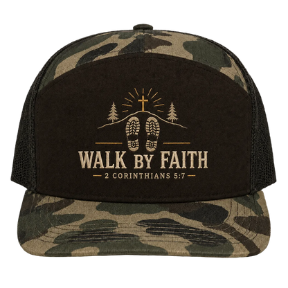Walk by Faith Footsteps Camo Trucker Hat – 2 Corinthians 5:7 Christian Outdoor Cap