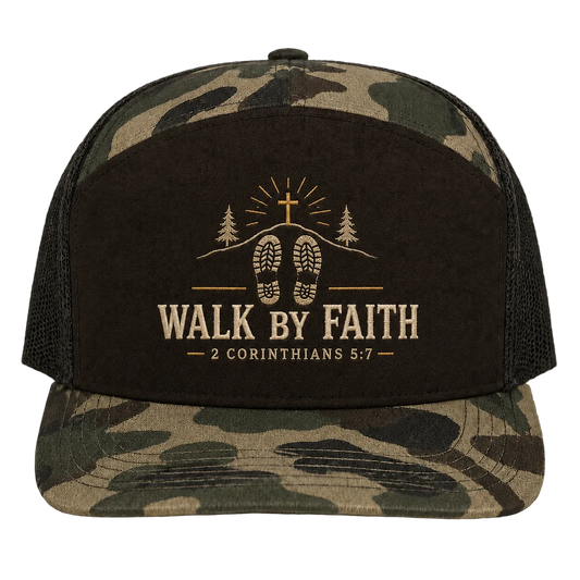 Walk by Faith Footsteps Camo Trucker Hat – 2 Corinthians 5:7 Christian Outdoor Cap