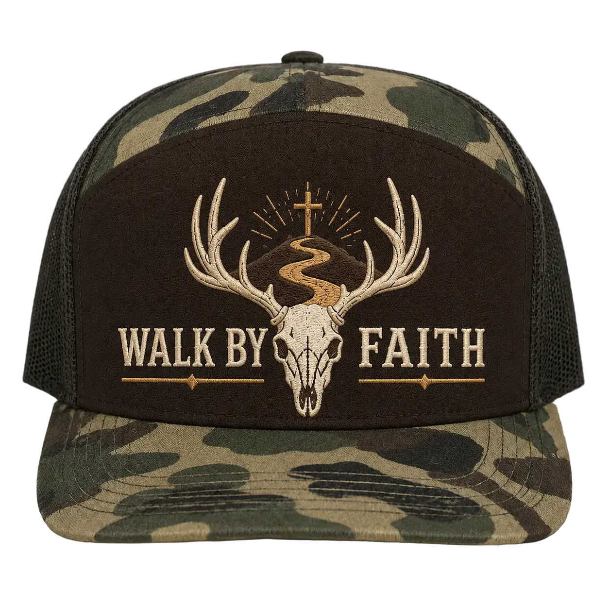 Walk by Faith Buck Skull Camo Trucker Hat – Christian Hunting Cap