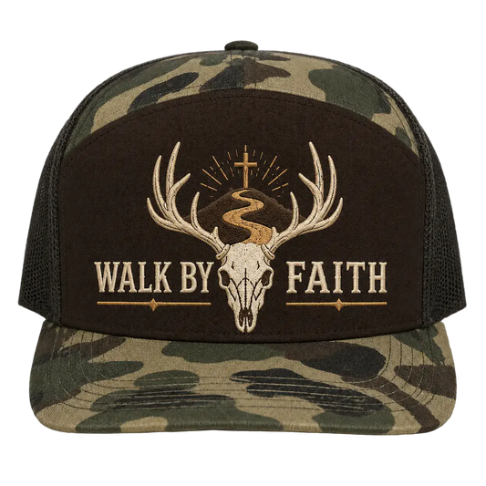 Walk by Faith Buck Skull Camo Trucker Hat – Christian Hunting Cap