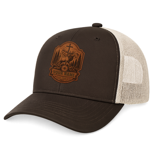 Personalized Christian Elk Mountain Leather Patch Trucker Hat