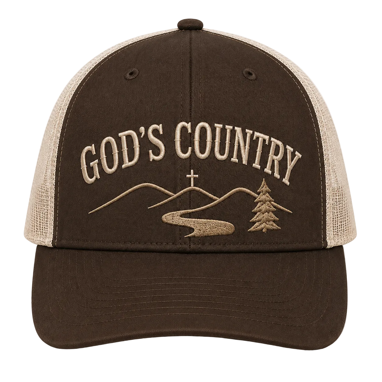 God’s Country Mountain Cross Embroidered Trucker Hat