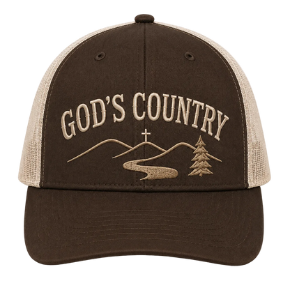 God’s Country Mountain Cross Embroidered Trucker Hat