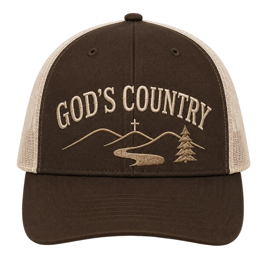 God’s Country Mountain Cross Embroidered Trucker Hat