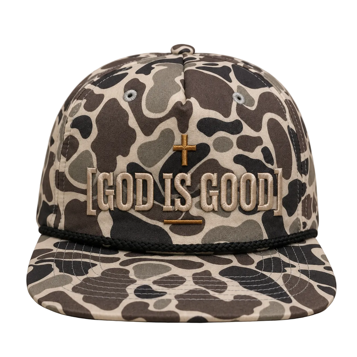 God Is Good Camo Rope Snapback Hat – Christian Embroidered Outdoor Cap