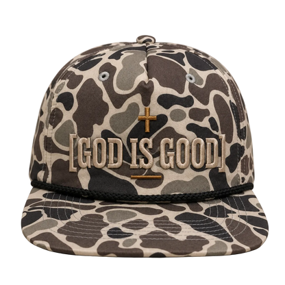 God Is Good Camo Rope Snapback Hat – Christian Embroidered Outdoor Cap