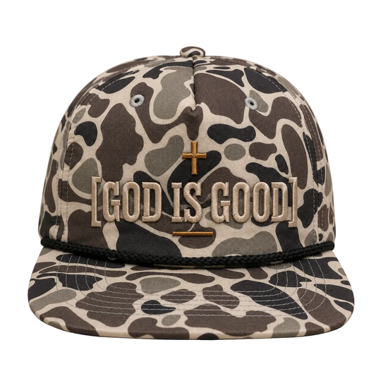 God Is Good Camo Rope Snapback Hat – Christian Embroidered Outdoor Cap