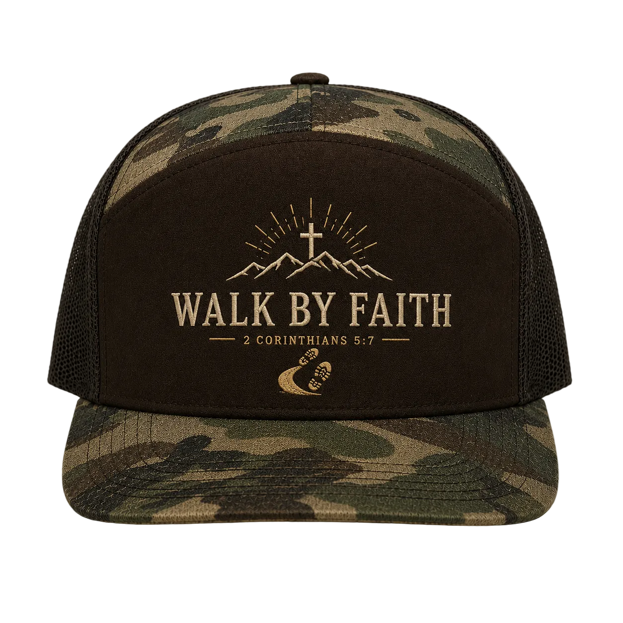 Walk by Faith Mountain Trail Trucker Hat – 2 Corinthians 5:7 Christian Camo Cap