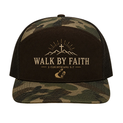 Walk by Faith Mountain Trail Trucker Hat – 2 Corinthians 5:7 Christian Camo Cap