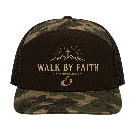 Walk by Faith Mountain Trail Trucker Hat – 2 Corinthians 5:7 Christian Camo Cap