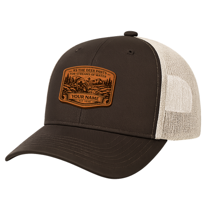 Personalized Psalm 42 Deer Leather Patch Trucker Hat – Christian Hunting Cap