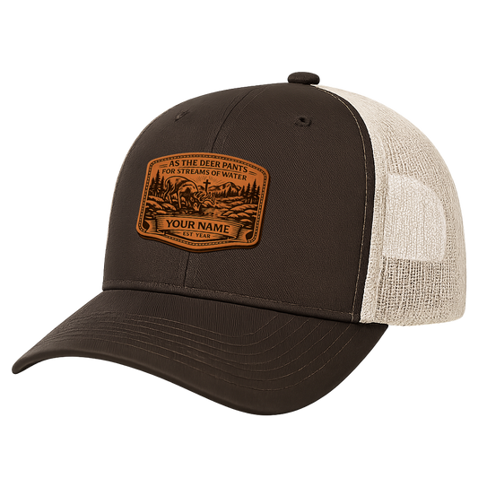 Personalized Psalm 42 Deer Leather Patch Trucker Hat – Christian Hunting Cap