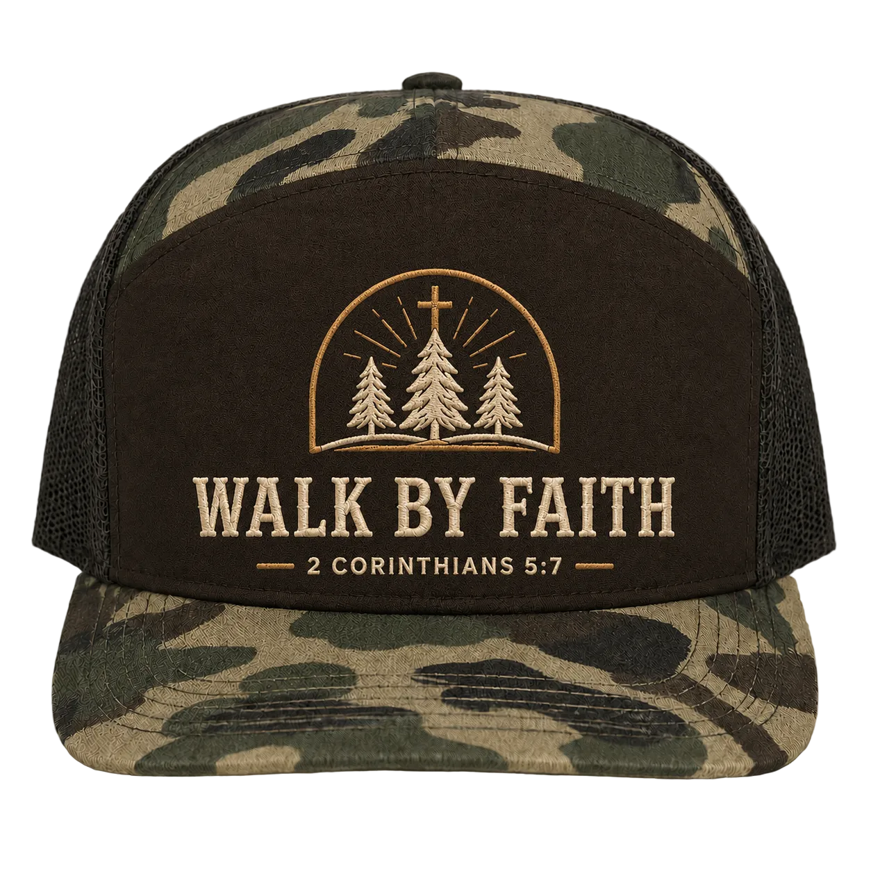 Walk by Faith Pine Cross Camo Trucker Hat – 2 Corinthians 5:7 Christian Outdoor Cap