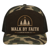 Walk by Faith Pine Cross Camo Trucker Hat – 2 Corinthians 5:7 Christian Outdoor Cap