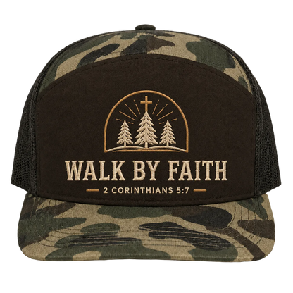Walk by Faith Pine Cross Camo Trucker Hat – 2 Corinthians 5:7 Christian Outdoor Cap