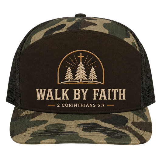 Walk by Faith Pine Cross Camo Trucker Hat – 2 Corinthians 5:7 Christian Outdoor Cap