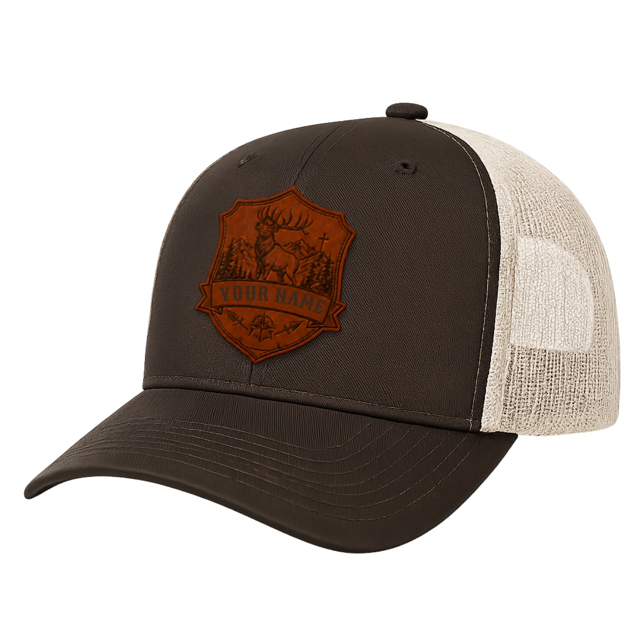 Personalized Deer Hunting Leather Patch Trucker Hat | Custom Christian Hunter Mountain Badge Cap