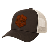 Personalized Deer Hunting Leather Patch Trucker Hat | Custom Christian Hunter Mountain Badge Cap