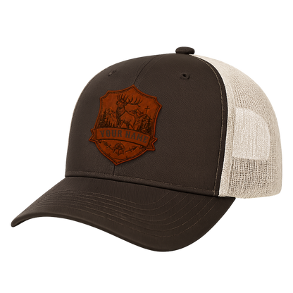 Personalized Deer Hunting Leather Patch Trucker Hat | Custom Christian Hunter Mountain Badge Cap