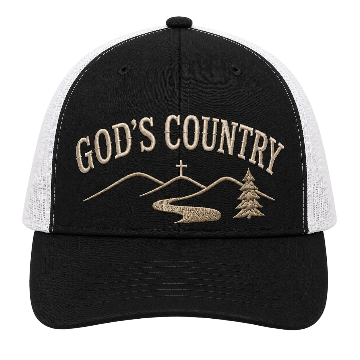 God’s Country Mountain Cross Embroidered Trucker Hat