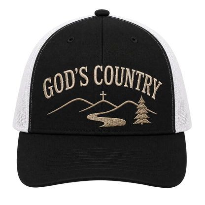 God’s Country Mountain Cross Embroidered Trucker Hat