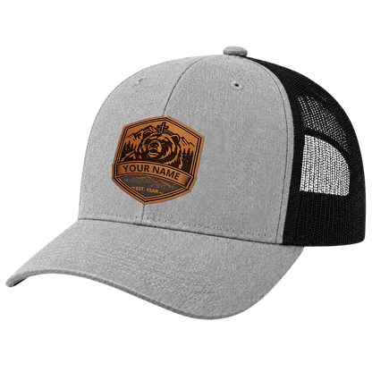 Personalized Christian Bear Leather Patch Trucker Hat – Faith in the Wilderness