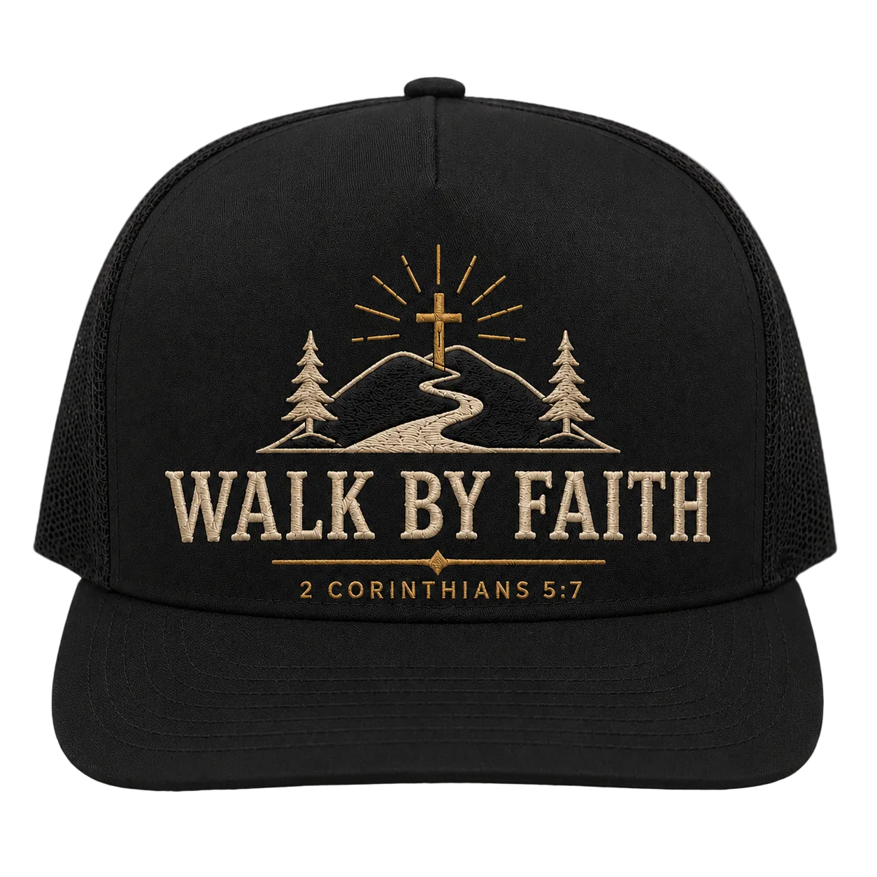 Walk by Faith Mountain Path Camo Trucker Hat – 2 Corinthians 5:7 Christian Outdoor Cap