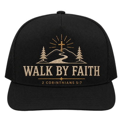Walk by Faith Mountain Path Camo Trucker Hat – 2 Corinthians 5:7 Christian Outdoor Cap