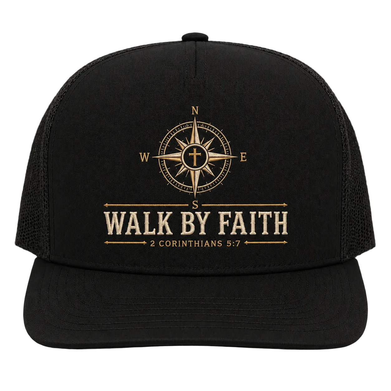 Walk by Faith Compass Camo Trucker Hat – 2 Corinthians 5:7 Christian Outdoor Cap