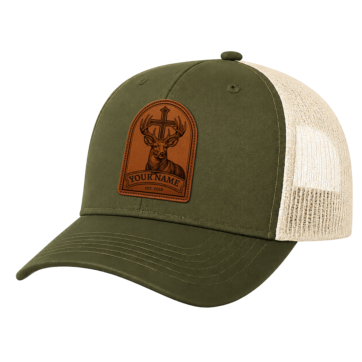 Personalized Christian Whitetail Deer Leather Patch Trucker Hat