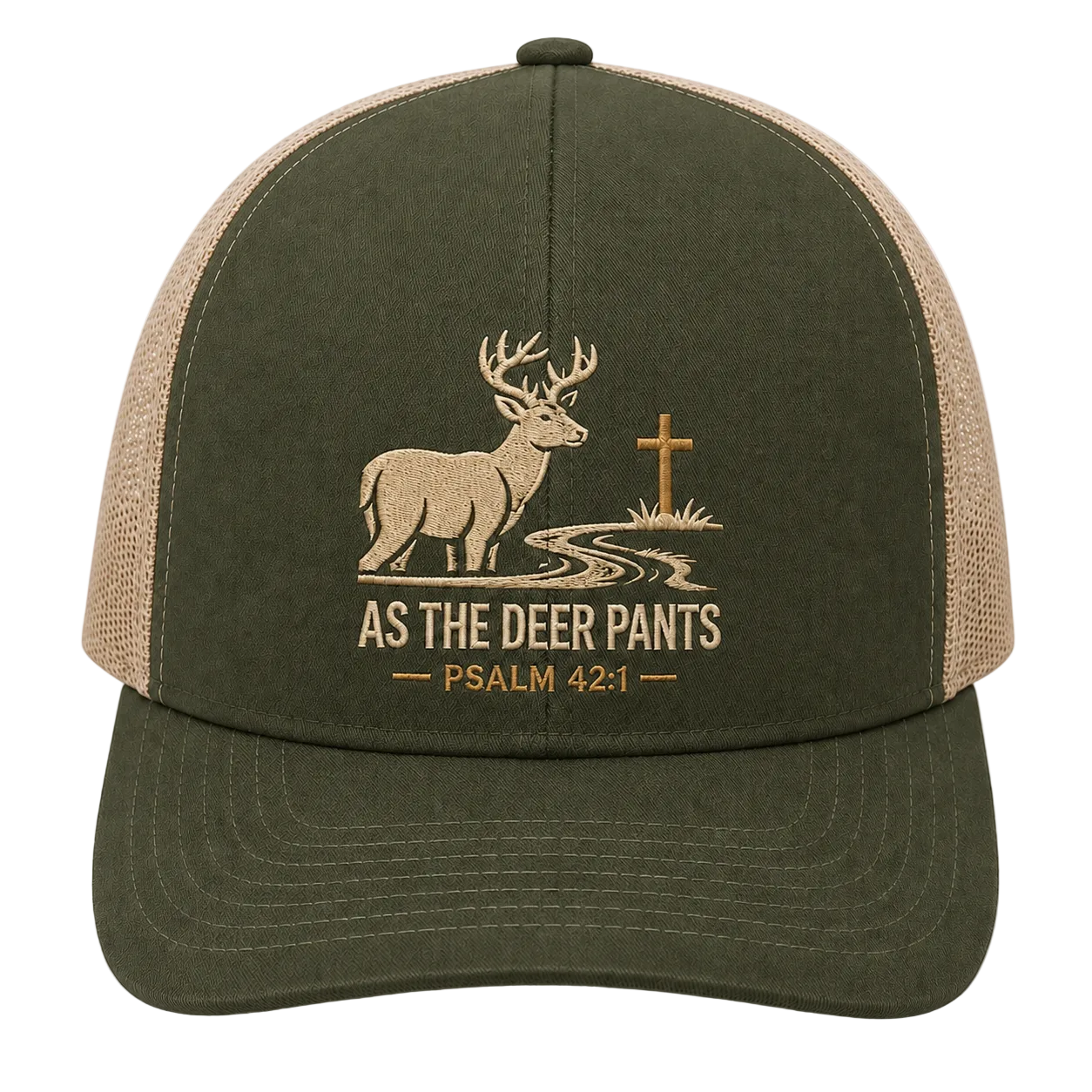 Psalm 42:1 Deer by the Stream Embroidered Trucker Hat – Christian Hunting Cap